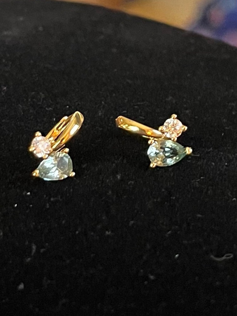 Green Teardrop & Clear Stone hugger Hoop Earrings